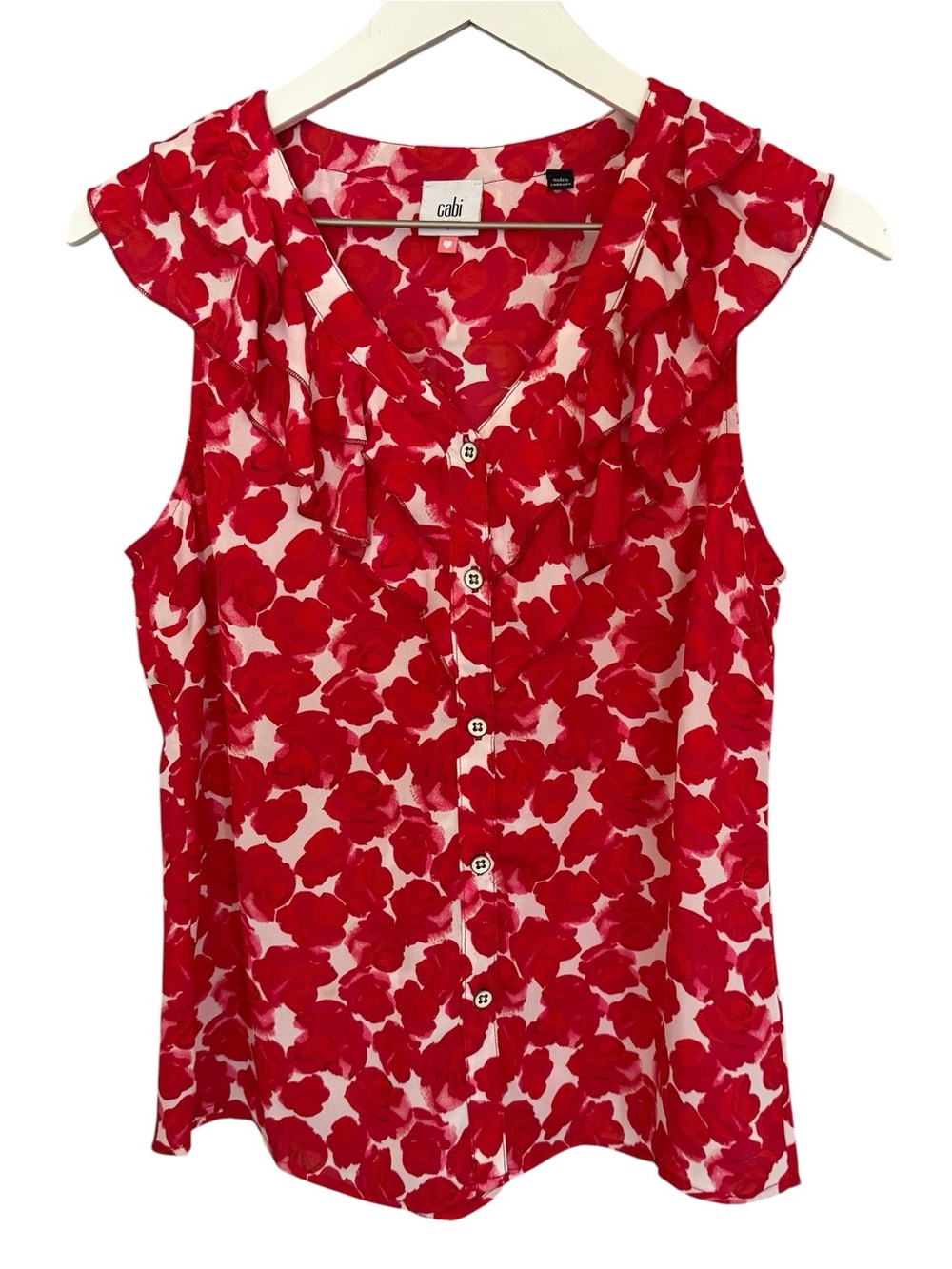 Cabi Ruffle Rosy Top Women’s Small Red Floral Sleeveless Button Front Blouse 435